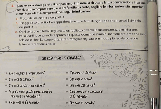 Attraverso la strategia che ti proponiamo, imparerai a sfruttare la tua conversazione interiore 
per aiutarti a comprendere più in profondità un testo, cogliere le informazioni più importanti 
e monitorare la tua comprensione. Segui le indicazioni. 
a. Procurati una matita e dei post-it. 
b. Rileggi da solo l'articolo di approfondimento e fermati ogni volta che incontri il simbolo 
del post-it. 
c. Ogni volta che ti fermi, registra su un foglietto diverso la tua conversazione interiore. 
Per aiutarti, puoi prendere spunto da queste domande stimolo, ma tieni presente che sono 
solo delle idee. Lo scopo di questa strategia è registrare in modo più fedele possibile 
le tue vere reazioni al testo. 
CHE COSA TI DICE IL CERVELLO? 
I 
Come reagisci a questa parte? Che cosa ti stupisce? 
Che cosa ti colpisce? Che cosa ènuovo? 
Che cosa capisci o non capisci? Che cosa sapevi gia? 
In quale modo questa parte modifica Quali emozioni e sensazioni 
i tuoi pensieri precedenti ? ti fa provare? 
A che cosa ti fa pensare? Che cosa ti ricorda?