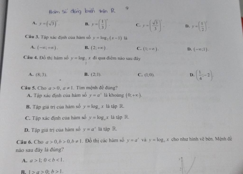 9
A. y=(sqrt(3))^x. B. y=( 1/3 )^x. C. y=( sqrt(3)/3 )^x. D. y=( 1/2 )^x. 
Câu 3. Tập xác định của hàm số y=log _2(x-1) là
A. (-∈fty ,+∈fty ). B. (2;+∈fty ). C. (1;+∈fty ). D. (-∈fty ;1). 
Câu 4. D_0^(1 thị hm số y=log _frac 1)2x đi qua điểm nào sau đây
A. (8;3). B. (2:1). C. (1;0). D. ( 1/4 ;-2). 
Câu 5. Cho a>0, a!= 1. Tim mệnh đề đúng?
A. Tập xác định của hàm số y=a^x là khoáng (0;+∈fty ).
B. Tập giá trị của hàm số y=log _ax là a |hat a| D
C. Tập xác định của hàm số y=log _ux là tập R.
D. Tập giá trị của hàm số y=a^x là that ap
Câu 6. Cho a>0, b>0, b!= 1. Đồ thị các hàm số y=a^x và y=log _bx cho như hình vẽ bên. Mệnh đề
nào sau đây là đúng?
A. a>1; 0. 
V
B. 1>a>0; b>1. 
2