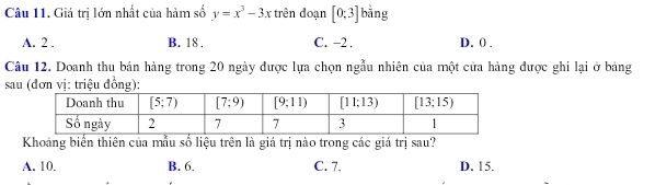 Giá trị lớn nhất của hàm số y=x^3-3x trên đoạn [0;3] bāng
A. 2 . B. 18 . C. -2 . D. 0 .
Câu 12. Doanh thu bán hàng trong 20 ngày được lựa chọn ngẫu nhiên của một cửa hàng được ghi lại ở bảng
sau (đơn vị: triệu đồng):
Khoảng biển thiên của mẫu số liệu trên là giá trị nào trong các giá trị sau?
A. 10, B. 6. C. 7. D. 15.