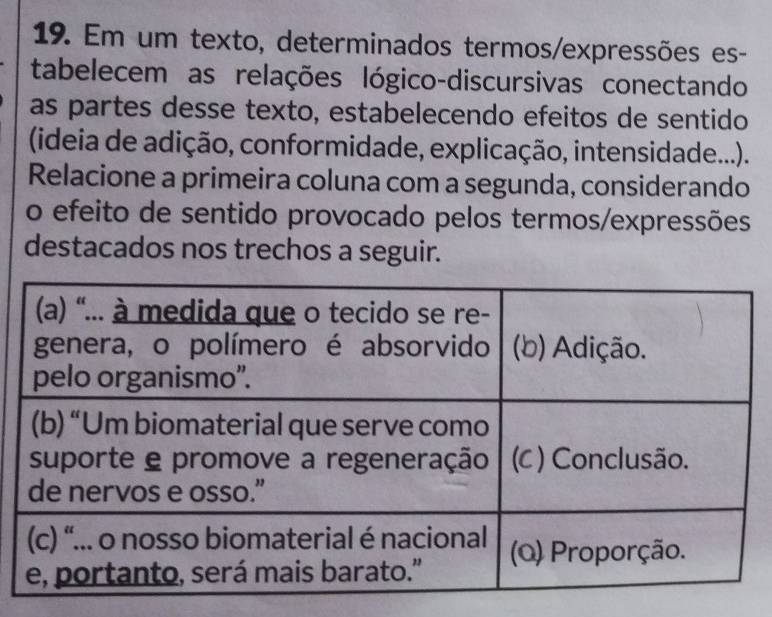 Em um texto, determinados termos/expressões es- 
tabelecem as relações lógico-discursivas conectando 
as partes desse texto, estabelecendo efeitos de sentido 
(ideia de adição, conformidade, explicação, intensidade...). 
Relacione a primeira coluna com a segunda, considerando 
o efeito de sentido provocado pelos termos/expressões 
destacados nos trechos a seguir.