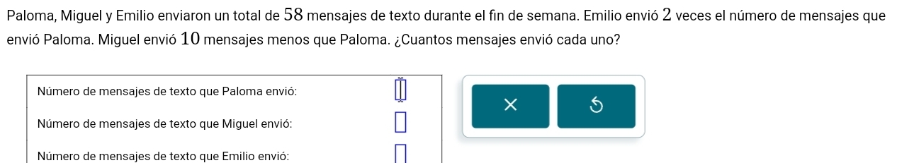 Paloma, Miguel y Emilio enviaron un total de 58 mensajes de texto durante el fin de semana. Emilio envió 2 veces el número de mensajes que 
envió Paloma. Miguel envió 10 mensajes menos que Paloma. ¿Cuantos mensajes envió cada uno? 
Número de mensajes de texto que Paloma envió: 
× 
Número de mensajes de texto que Miguel envió: 
Número de mensajes de texto que Emilio envió: