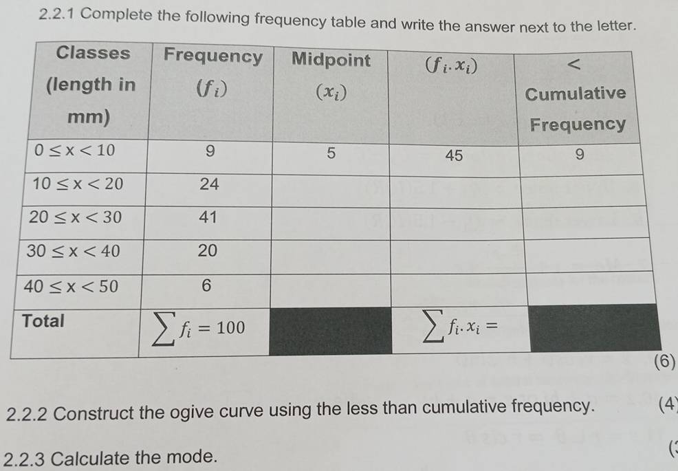 Complete the following frequency table and write the answer next to the letter.
6)
2.2.2 Construct the ogive curve using the less than cumulative frequency. (4)
2.2.3 Calculate the mode. 