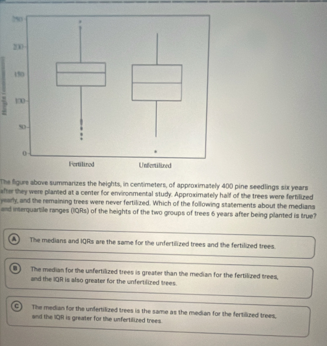 The figure above summarizes the heights, in centimeters, of approximately 400 pine seedlings six years
after they were planted at a center for environmental study. Approximately half of the trees were fertilized
yearly, and the remaining trees were never fertilized. Which of the following statements about the medians
and interquartile ranges (IQRs) of the heights of the two groups of trees 6 years after being planted is true?
a The medians and IQRs are the same for the unfertilized trees and the fertilized trees.
B The median for the unfertilized trees is greater than the median for the fertilized trees,
and the IQR is also greater for the unfertilized trees.
c) The median for the unfertilized trees is the same as the median for the fertilized trees,
and the IQR is greater for the unfertilized trees.