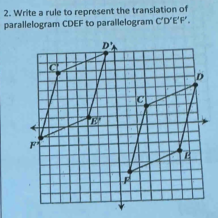 Write a rule to represent the translation of
parallelogram CDEF to parallelogram C'D'E'F',