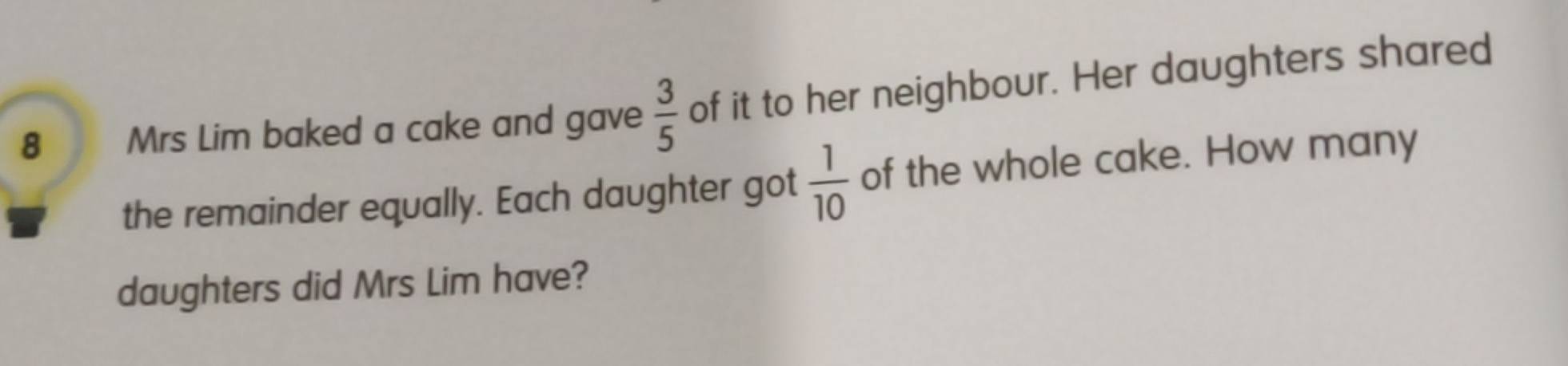 Mrs Lim baked a cake and gave  3/5  of it to her neighbour. Her daughters shared 
the remainder equally. Each daughter got  1/10  of the whole cake. How many 
daughters did Mrs Lim have?