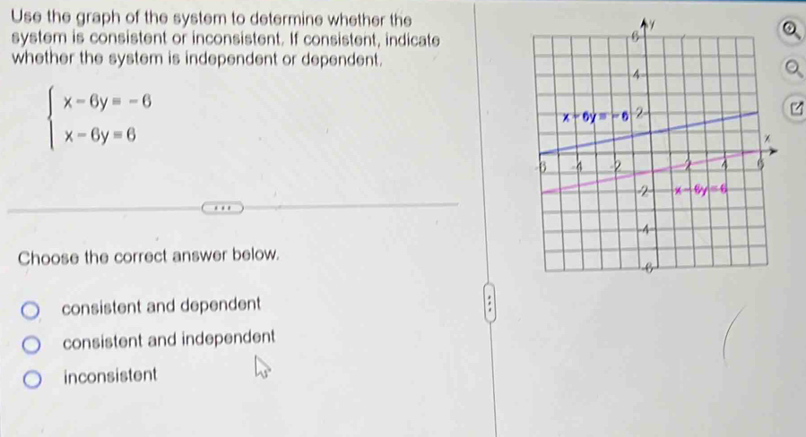 Use the graph of the system to determine whether the
system is consistent or inconsistent. If consistent, indicate
whether the system is independent or dependent.
beginarrayl x-6y=-6 x-6y=6endarray.
Choose the correct answer below.
consistent and dependent a
consistent and independent
inconsistent