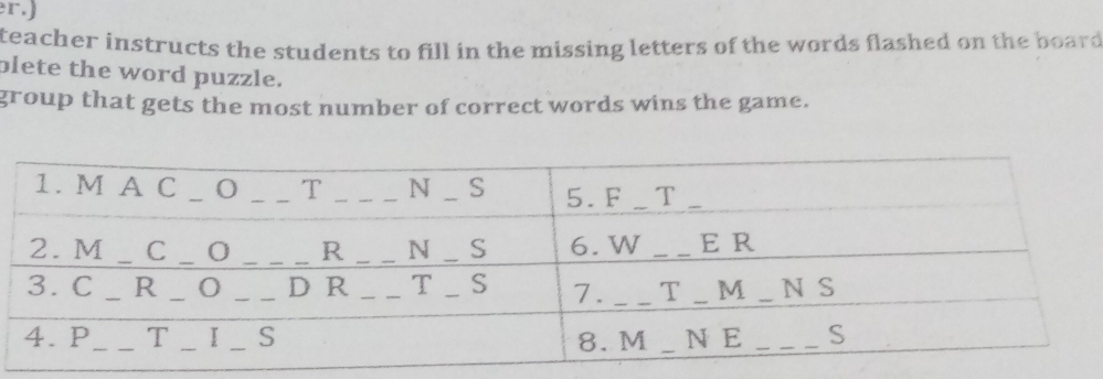 )
teacher instructs the students to fill in the missing letters of the words flashed on the board.
blete the word puzzle.
group that gets the most number of correct words wins the game.