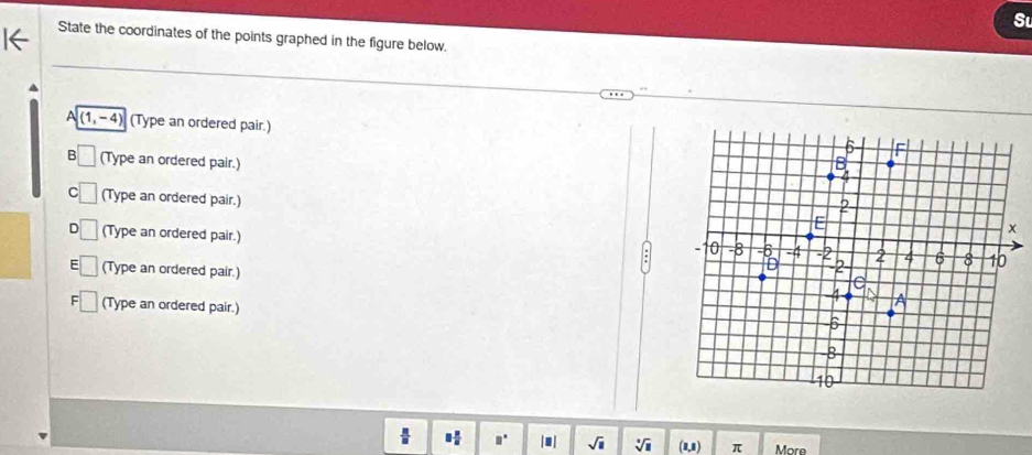 Su
State the coordinates of the points graphed in the figure below.

A (1, -4) (Type an ordered pair.)
B (Type an ordered pair.) 
C (Type an ordered pair.)
D (Type an ordered pair.) : 
(Type an ordered pair.)
- (Type an ordered pair.)
□° |.| sqrt(1) sqrt[□](□ ) (1,1) π More