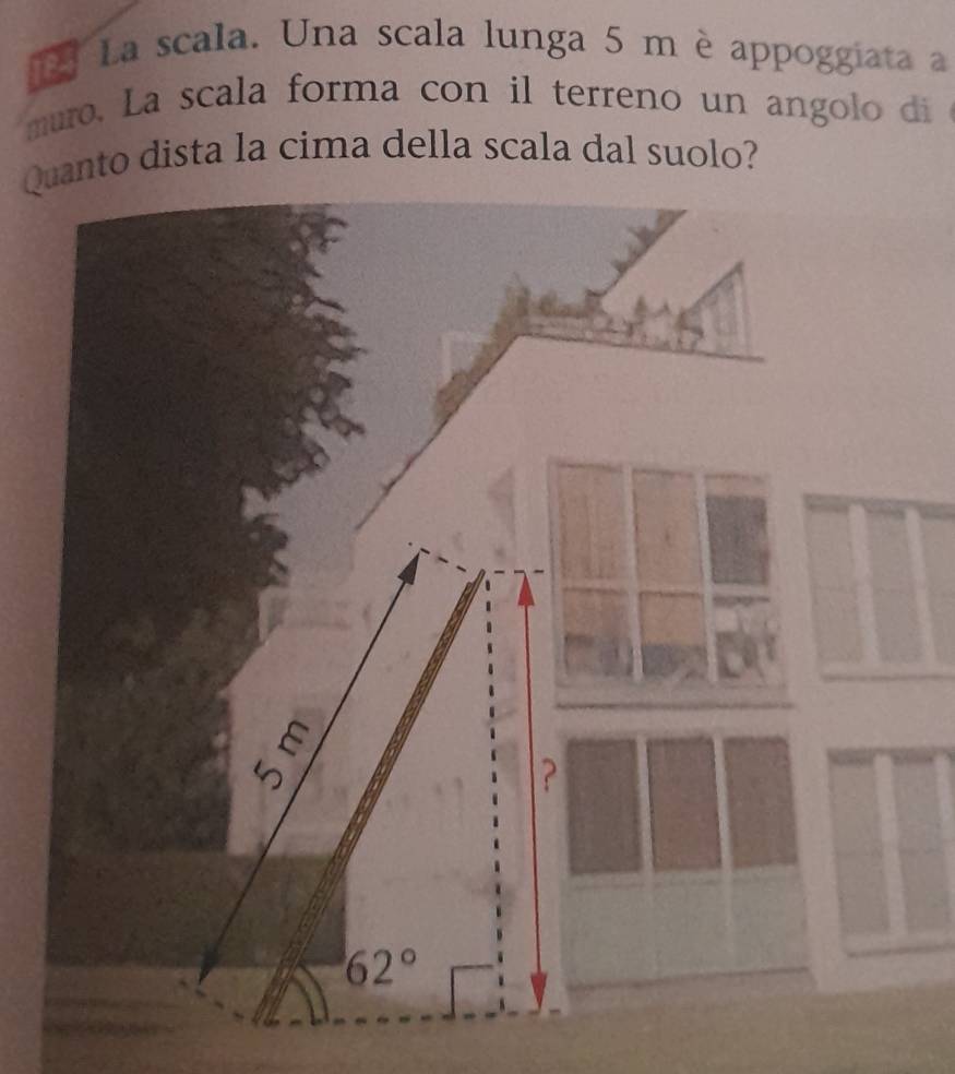 La scala. Una scala lunga 5 m è appoggiata a
muro. La scala forma con il terreno un angolo di
Quanto dista la cima della scala dal suolo?