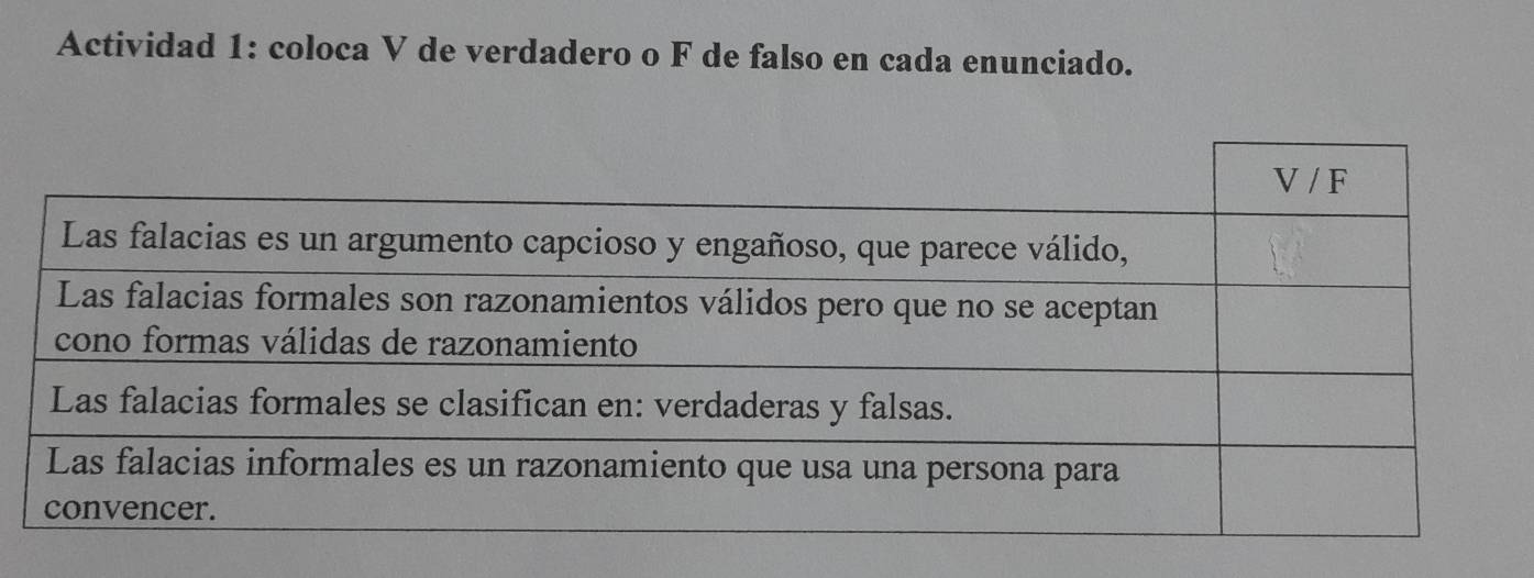 Actividad 1: coloca V de verdadero o F de falso en cada enunciado.