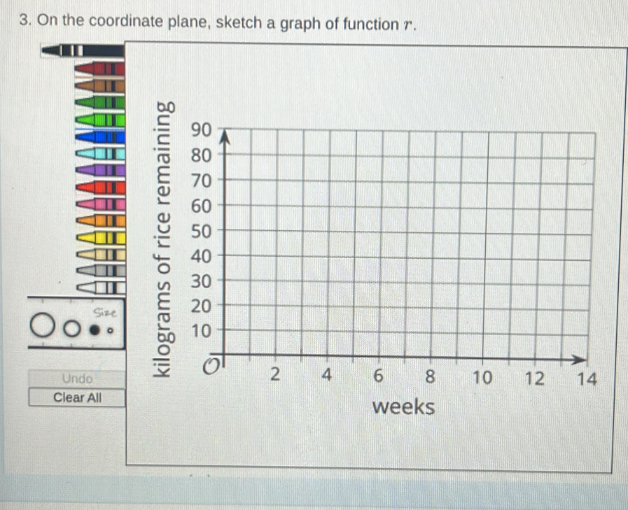 On the coordinate plane, sketch a graph of function r.
Size
Undo
Clear All
weeks