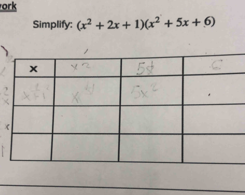 ork 
Simplify: (x^2+2x+1)(x^2+5x+6)