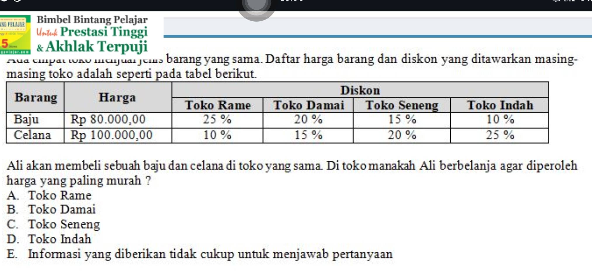 InG Félajar Bimbel Bintang Pelajar
Us* Prestasi Tinggi
5 & Akhlak Terpuji
Ada eipat toko menjuarjenrs barang yang sama. Daftar harga barang dan diskon yang ditawarkan masing-
masing tberikut.
Ali akan membeli sebuah baju dan celana di toko yang sama. Di tokomanakah Ali berbelanja agar diperoleh
harga yang paling murah ?
A. Toko Rame
B. Toko Damai
C. Toko Seneng
D. Toko Indah
E. Informasi yang diberikan tidak cukup untuk menjawab pertanyaan