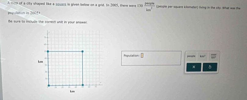 A man of a city shaped like a square is given below on a grid. In 2005, there were 130 people/km^2  (people per square kilometer) living in the city. What was the 
population in 2005
Be sure to include the correct unit in your answer. 
Population: □ people km^3
×