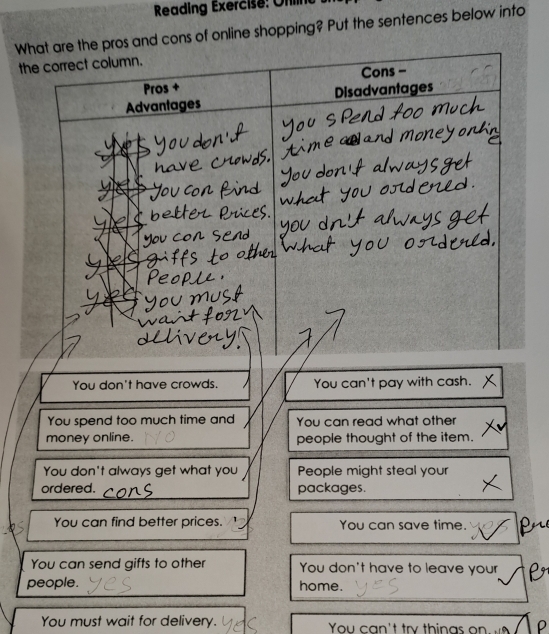 Reading Exercise: Un
What are the pros and cons of online shopping? Put the sentences below into
the correct column.
Pros + Cons -
Advantages Disadvantages
You don't have crowds. You can't pay with cash.
You spend too much time and You can read what other
money online. people thought of the item.
You don't always get what you People might steal your
ordered. packages.
You can find better prices. You can save time.
You can send gifts to other You don't have to leave your
people. home.
You must wait for delivery. You can't try things on