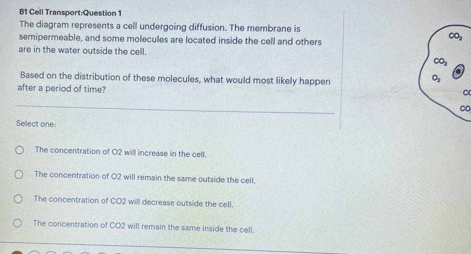 B1 Cell Transport:Question 1
The diagram represents a cell undergoing diffusion. The membrane is
semipermeable, and some molecules are located inside the cell and others
CO_2
are in the water outside the cell.
CO_2
Based on the distribution of these molecules, what would most likely happen
O_2
after a period of time?
C
CO
Select one:
The concentration of O2 will increase in the cell.
The concentration of O2 will remain the same outside the cell.
The concentration of CO2 will decrease outside the cell.
The concentration of CO2 will remain the same inside the cell.