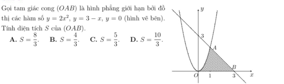 Gọi tam giác cong (OAB) là hình phẳng giới hạn bởi đồ
thị các hàm số y=2x^2, y=3-x, y=0 (hình vē bên).
Tính diện tích Scia(OAB).
A. S= 8/3 . B. S= 4/3 . C. S= 5/3 . D. S= 10/3 .