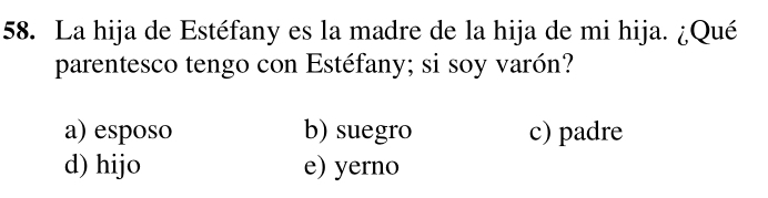 La hija de Estéfany es la madre de la hija de mi hija. ¿Qué
parentesco tengo con Estéfany; si soy varón?
a) esposo b) suegro c) padre
d) hijo e) yerno