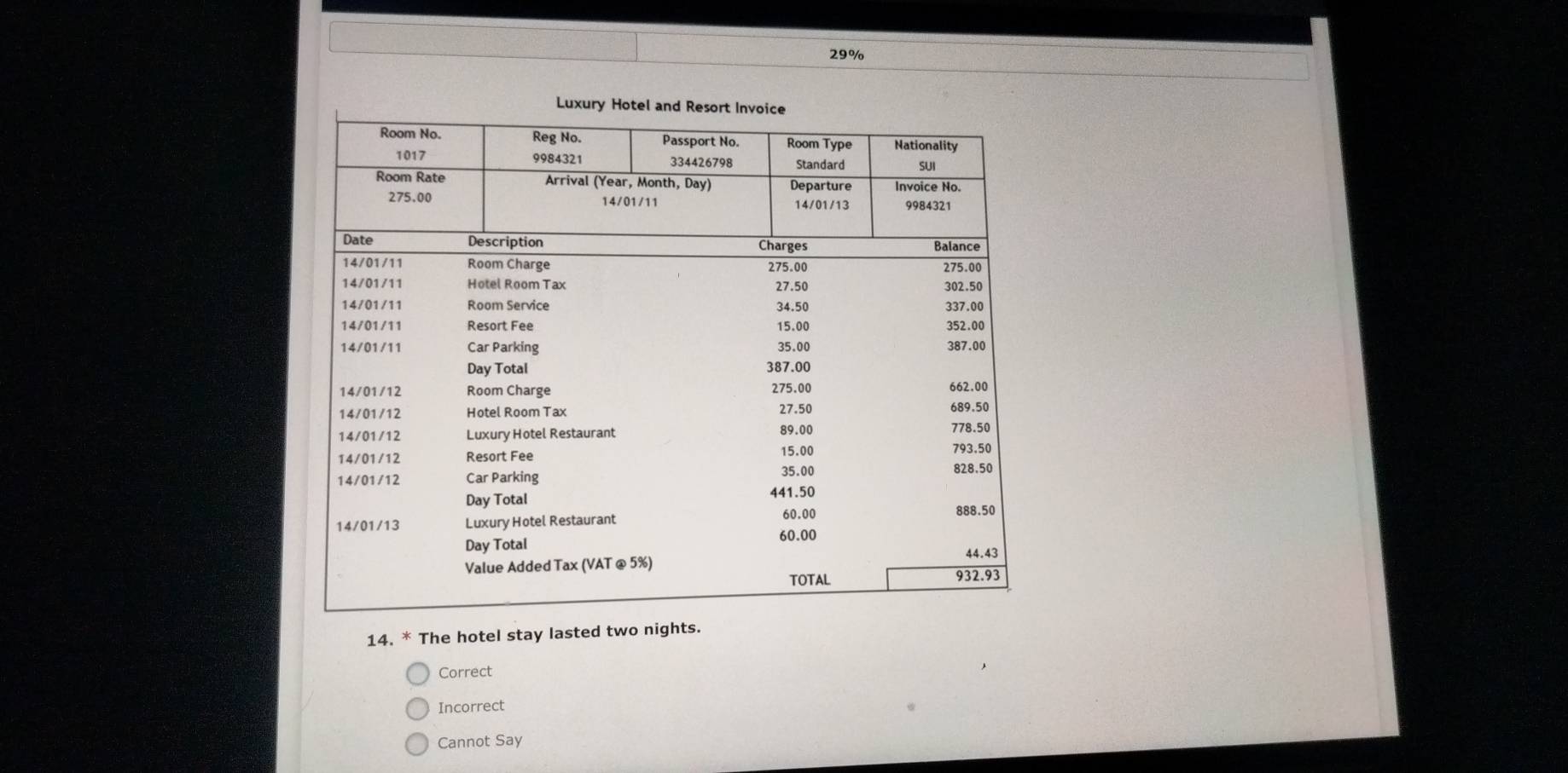 Solved: 29% Luxury Hotel and Resort Invoice 14. * The hotel stay lasted ...