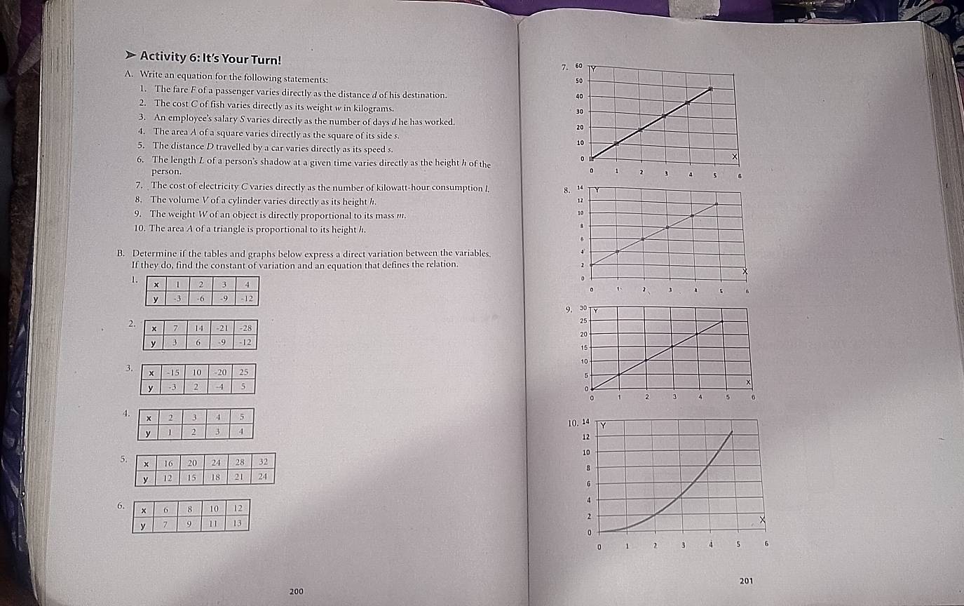 Activity 6: It's Your Turn! 
7 
A. Write an equation for the following statements: 
1. The fare F of a passenger varies directly as the distance d of his destination. 
2. The cost C of fish varies directly as its weight w in kilograms
3. An employee’s salary S varies directly as the number of days d he has worked 
4. The area A of a square varies directly as the square of its side s. 
5. The distance D travelled by a car varies directly as its speed s. 
6. The length L of a person's shadow at a given time varies directly as the height h of the 
person. 
7. The cost of electricity C varies directly as the number of kilowatt-hour consumption l 8
8. The volume V of a cylinder varies directly as its height h. 
9. The weight W of an object is directly proportional to its mass m. 
10. The area A of a triangle is proportional to its height h. 
B. Determine if the tables and graphs below express a direct variation between the variables, 
If they do, find the constant of variation and an equation that defines the relation. 
1 

9. 
2
3
4
10. 14 Y
12
10
5 8
G
6
4
2
×
0
0 1 2 3 4 5 6
201
200