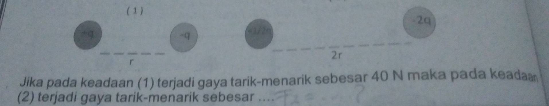 ( 1 )
-2q
-q
r
2r
Jika pada keadaan (1) terjadi gaya tarik-menarik sebesar 40 N maka pada keada 
(2) terjadi gaya tarik-menarik sebesar . .