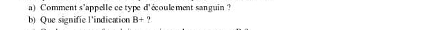 Comment s'appelle ce type d'écoulement sanguin ? 
b) Que signifie l'indication B+ ?