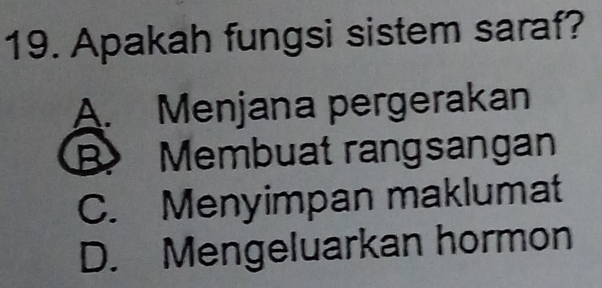 Apakah fungsi sistem saraf?
A. Menjana pergerakan
B Membuat rangsangan
C. Menyimpan maklumat
D. Mengeluarkan hormon