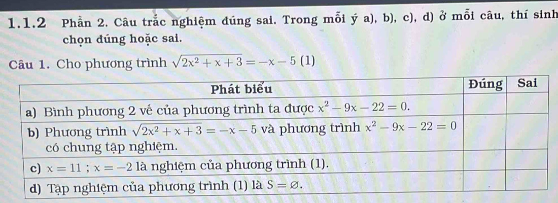 Phần 2. Câu trắc nghiệm đúng sai. Trong mỗi i y * a), b), c), d) ở mỗi câu, thí sinh
chọn đúng hoặc sai.
Câu 1. Cho phương trình sqrt(2x^2+x+3)=-x-5 ( (1)