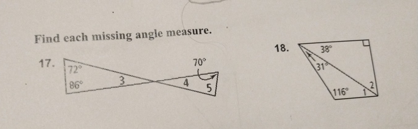 Find each missing angle measure.
18.
17.