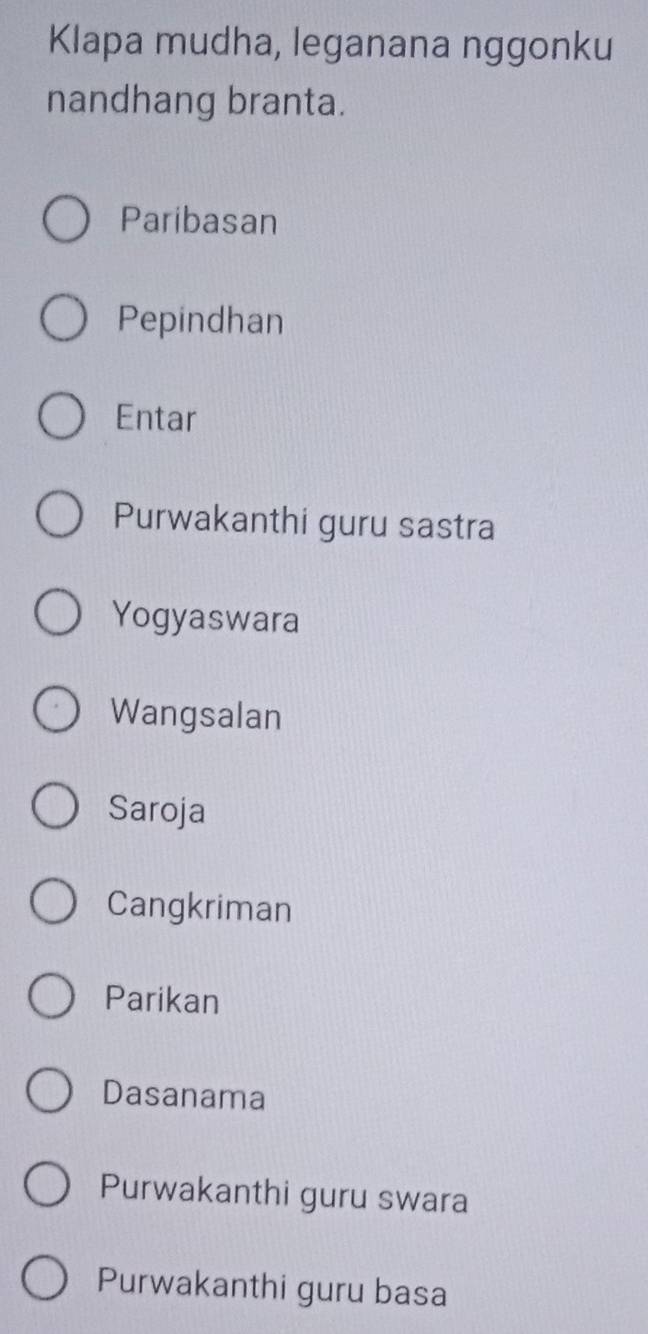 Klapa mudha, leganana nggonku
nandhang branta.
Paribasan
Pepindhan
Entar
Purwakanthi guru sastra
Yogyaswara
Wangsalan
Saroja
Cangkriman
Parikan
Dasanama
Purwakanthi guru swara
Purwakanthi guru basa