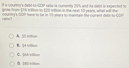 If a country's debt-to-GDP ratio is currently 25% and its debt is expected to
grow from $16 trillion to $20 trillion in the next 10 years, what will the
country's GDP have to be in 10 years to maintain the current debt-to-GDP
ratio?
A. $5 trillion
B. $4 trillion
C. $64 trillion
D. $80 trillion