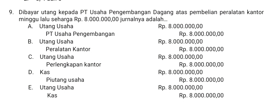 Dibayar utang kepada PT Usaha Pengembangan Dagang atas pembelian peralatan kantor
minggu lalu seharga Rp. 8.000.000,00 jurnalnya adalah...
A. Utang Usaha Rp. 8.000.000,00
PT Usaha Pengembangan Rp. 8.000.000,00
B. Utang Usaha Rp. 8.000.000,00
Peralatan Kantor Rp. 8.000.000,00
C. Utang Usaha Rp. 8.000.000,00
Perlengkapan kantor Rp. 8.000.000,00
D. Kas Rp. 8.000.000,00
Piutang usaha Rp. 8.000.000,00
E. Utang Usaha Rp. 8.000.000,00
Kas Rp. 8.000.000,00