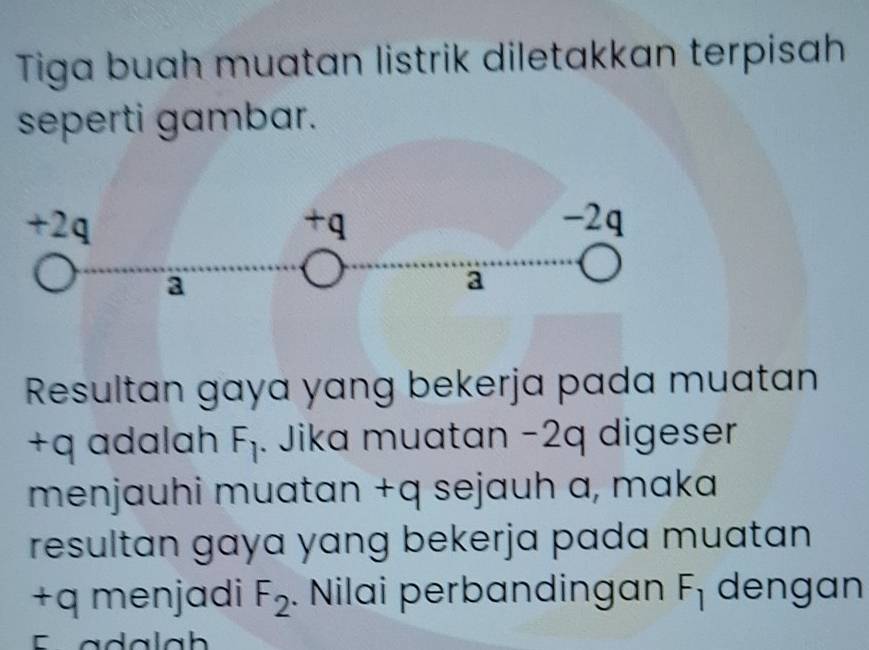 Tiga buah muatan listrik diletakkan terpisah 
seperti gambar. 
Resultan gaya yang bekerja pada muatan
+q adalah F_1. Jika muatan −2q digeser 
menjauhi muatan +q sejauh a, maka 
resultan gaya yang bekerja pada muatan
+q menjadi F_2. Nilai perbandingan F_1 dengan