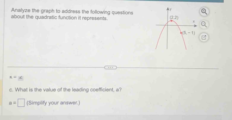 Analyze the graph to address the following questions
about the quadratic function it represents.
K=∠
c. What is the value of the leading coefficient, a?
a=□ (Simplify your answer.)