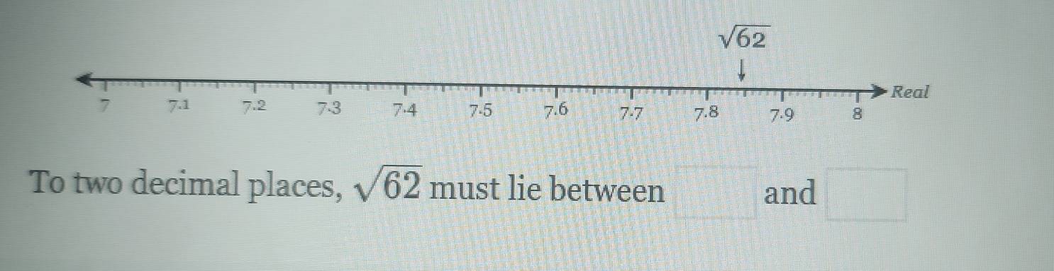 To two decimal places, sqrt(62) must lie between and