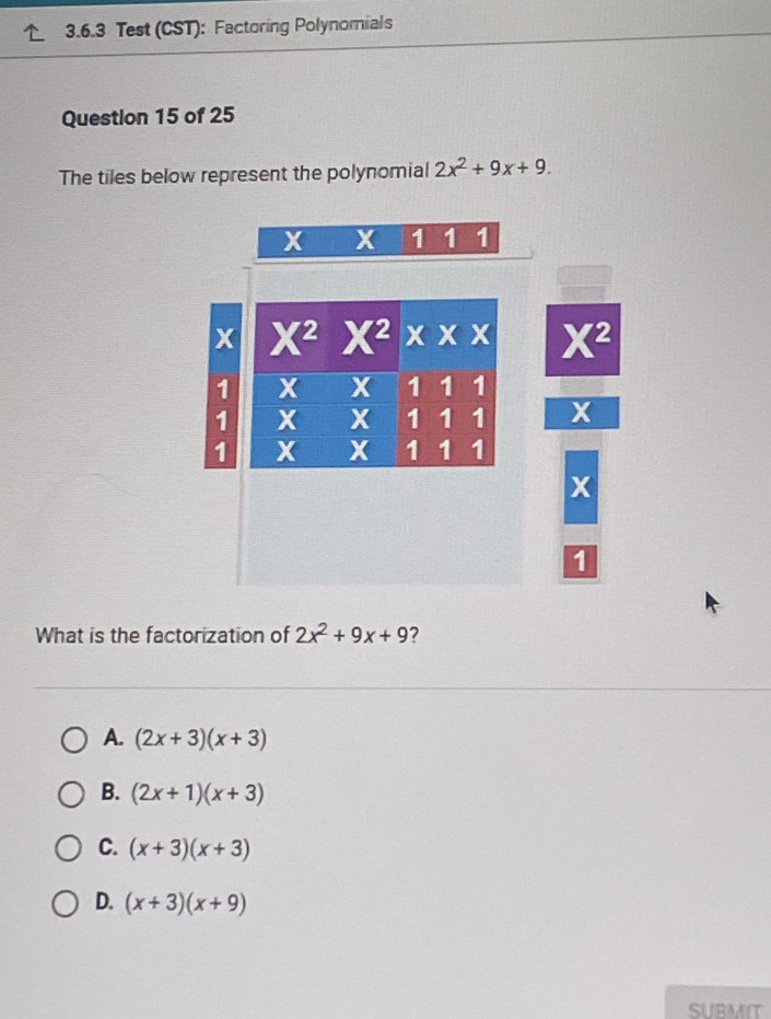 Test (CST): Factoring Polynomials
Question 15 of 25
The tiles below represent the polynomial 2x^2+9x+9.
X X 1 1 1
x X^2
1
1 X
1
x
1
What is the factorization of 2x^2+9x+9 ?
A. (2x+3)(x+3)
B. (2x+1)(x+3)
C. (x+3)(x+3)
D. (x+3)(x+9)
SURMIT