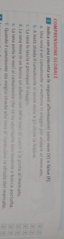 COMPRENSIONE GLOBALE 
Indica con una crocetta se le seguenti affermazioni sono vere (V) o false (F). 
a. Una rana e un camaleonte si mettono in viaggio per andare al mercato. 
V F 
b. A metà strada il camaleonte si sente male e gli viene la febbre. 
V F 
c. La rana lo lascia e prosegue il viaggio. 
VF 
d. La rana trova in un bosco un albero con delle noci di cocco e le porta al mercato. V F 
e. La rana porta le noci al camaleonte che se ne appropría lasciandola a bocca asciutta. V F 
f. Quando il camaleonte sta meglio chiede alla rana di riprendere la strada del mercato. F