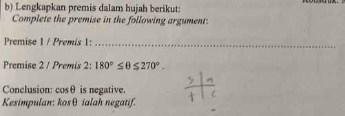 Lengkapkan premis dalam hujah berikut: 
Complete the premise in the following argument: 
Premise 1 / Premis 1:_ 
Premise 2 / Premis 2: 180°≤ θ ≤ 270°. 
Conclusion: cos θ is negative. 
C 
Kesimpulan: kosθ ialah negatif.