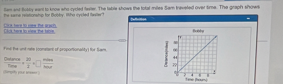 Sam and Bobby want to know who cycled faster. The table shows the total miles Sam traveled over time. The graph shows 
the same relationship for Bobby, Who cycled faster? 
Definition 
Click here to view the graph. 
Click here to view the table. Bobby 
Find the unit rate (constant of proportionality) for Sam.
 Distan ce/Time = 20/2 =□  miles/hour 
(Simplily your answer.) 
(hours)