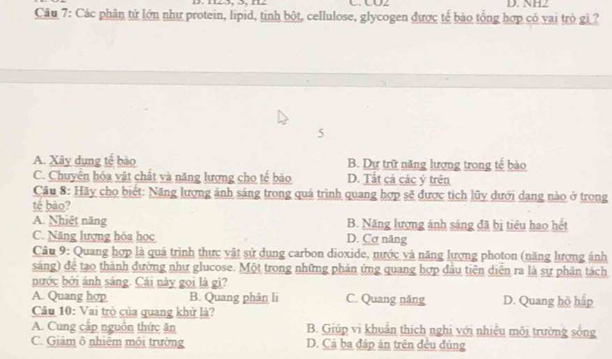 1z 3, 5, n2 C. CU2 D. NH2
Câu 7: Các phân tử lớn như protein, lipid, tinh bột, cellulose, glycogen được tế bào tổng hợp có vai trò gì ?
5
A. Xây dụng tế bào B. Dự trữ năng lượng trong tế bào
C. Chuyển hóa vật chất và năng lượng cho tế bào D. Tất cả các ý trên
Câu 8: Hãy cho biết: Năng lượng ánh sáng trong quá trình quang hợp sẽ được tích lũy dưới dạng nào ở trong
tế bão?
A. Nhiệt năng B. Năng lượng ánh sáng đã bị tiêu hao hết
C. Năng lượng hóa học D. Cơ năng
Câu 9: Quang hợp là quá trình thực vật sử dụng carbon dioxide, nước và năng lượng photon (năng lượng ảnh
sáng) để tạo thành đường như glucose. Một trong những phản ứng quang hợp dầu tiên diễn ra là sự phân tách
nước bởi ánh sáng. Cái này gọi là gì?
A. Quang hợp B. Quang phân li C. Quang năng D. Quang hộ hắp
Câu 10: Vai trò của quang khử là?
A. Cung cấp nguồn thức ăn B. Giúp vi khuẩn thích nghi với nhiều môi trường sống
C. Giảm ô nhiêm môi trường D. Cả ba đập án trên đều đúng