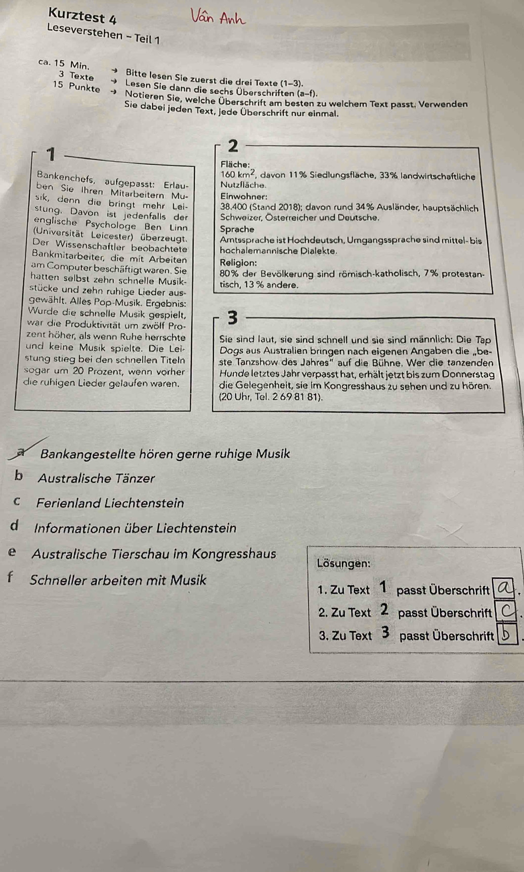 Kurztest 4
Leseverstehen - Teil 1
ca. 15 Min. Bitte lesen Sie zuerst die drei Texte (1-3).
3 Texte  Lesen Sie dann die sechs Überschriften a-f)
15 Punkte → Notieren Sie, welche Überschrift am besten zu welchem Text passt. Verwenden
Sie dabei jeden Text, jede Überschrift nur einmal.
1
2
Fläche:
160 km², davon 11% Siedlungsfläche, 33% landwirtschaftliche
Bankenchefs, aufgepasst: Erlau- Nutzfläche.
ben Sie Ihren Mitarbeitern Mu- Einwohner:
sik, denn die bringt mehr Lei-  38.400 (Stand 2018); davon rund 34% Ausländer, hauptsächlich
stung. Davon ist jedenfalls der Schweizer, Österreicher und Deutsche.
englische Psychologe Ben Linn Sprache
(Universität Leicester) überzeugt. Amtssprache ist Hochdeutsch, Umgangssprache sind mittel- bis
Der Wissenschaftler beobachtete hochalemannische Dialekte.
Bankmitarbeiter, die mit Arbeiten Religion:
am Computer beschäftigt waren. Sie  80% der Bevölkerung sind römisch-katholisch, 7% protestan-
hatten selbst zehn schnelle Musik- tisch, 13 % andere.
stücke und zehn rühige Lieder aus-
gewählt. Alles Pop-Musik. Ergebnis:
Wurde die schnelle Musik gespielt, 3
war die Produktivität um zwölf Pro-
zent höher, als wenn Ruhe herrschte Sie sind laut, sie sind schnell und sie sind männlich: Die Tap
und keine Musik spielte. Die Lei Dogs aus Australien bringen nach eigenen Angaben die „be-
stung stieg bei den schnellen Titeln ste Tanzshow des Jahres" auf die Bühne. Wer die tanzenden
sogar um 20 Prozent, wenn vorher Hunde letztes Jahr verpasst hat, erhält jetzt bis zum Donnerstag
die ruhigen Lieder gelaufen waren. die Gelegenheit, sie im Kongresshaus zu sehen und zu hören.
(20 Uhr, Tel. 2 6.9 81 81).
A  Bankangestellte hören gerne ruhige Musik
b Australische Tänzer
C Ferienland Liechtenstein
d Informationen über Liechtenstein
Australische Tierschau im Kongresshaus Lösungen:
Schneller arbeiten mit Musik
1. Zu Text 1 passt Überschrift
2. Zu Text 2 passt Überschrift
3. Zu Text 3 passt Überschrift