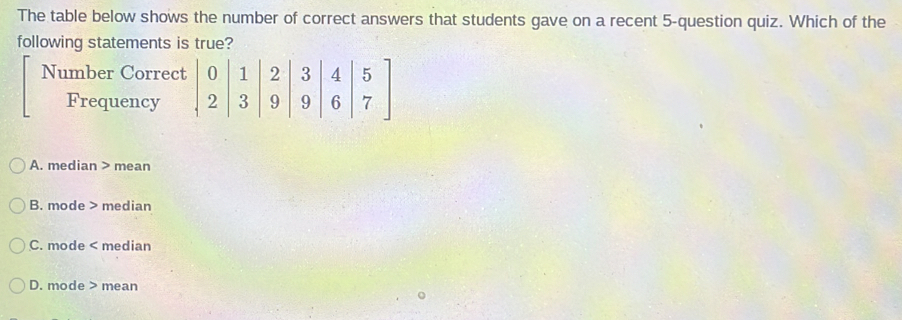 The table below shows the number of correct answers that students gave on a recent 5 -question quiz. Which of the
following statements is true?
Number Correct beginvmatrix 0&1 2&|3beginvmatrix 4&5 95&5 6endvmatrix
Frequency
A. median > mean
B. mode > median
C. mode < median
 D. mode > mean