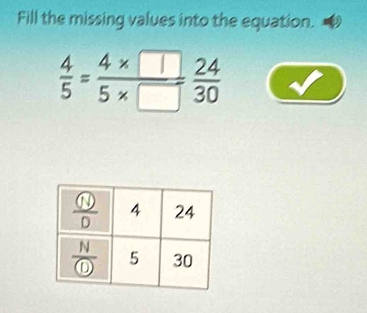 Fill the missing values into the equation.
 4/5 = (4* □ )/5* □  = 24/30 