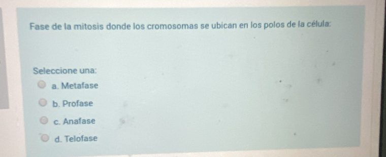 Fase de la mitosis donde los cromosomas se ubican en los polos de la célula:
Seleccione una:
a. Metafase
b. Profase
c. Anafase
d. Telofase