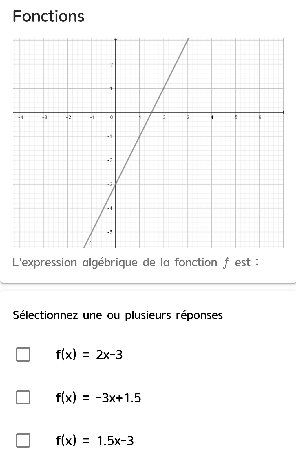 Fonctions
L'expression algébrique de la fonction f est :
Sélectionnez une ou plusieurs réponses
f(x)=2x-3
f(x)=-3x+1.5
f(x)=1.5x-3