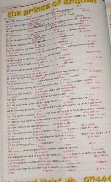 d) at
the prince of eng.
cj  abour
d) part
() partner
44. I'm so happy with my new business because L have an honest
a) from school
a
45. After the preparatory school, you went to a bj of b) poríer c) frst d) high 73
a) parter _ some money from my family. d) gave 74
creceived
d) makes 7
b) lent something new, you should ask others' advice.
46. Last week, I had no money, but today I __ Spprimary
_clothes to famous ladies. c) does
a) low
c) does
d) makes
47. When you a) sent_
a) do d) receive
a) do 48. She is a talented dressmaker. She_
d) ease
49. She is pregnant and she is going to a baby soon. c) find
c) reward
a) give have _criminals.
a) preserve 50. The prison is the place where we b) keep c) goes wrong so we were late.
51. We were travelling fast, but suddenly something d) do
bj go all his exams. c) passed d) passed in
a) went 52. He studied hard so he _d) my
b) failed
a) succeeded 53. I'm so tired. Please, can yo take __home. c) mine the law.
4 j 1 54. We should be strict with those who b) me c-trick _d-stick
b-tick
a-truck a) respect b) follow c) break d) apply _d) comfort
55- Poor Sara,She has a cold, she's got a pain in her arm and feels c) misery
b) miserable a lot of money and also fame d) earn
c) work
8) miser 56-Footballers often_
a) win _d) borrow
57- You bought me my theatre ticket yesterday, so I b) gain c) belong you some money
bjown
a) owe 58- Hany was sent to_
a) palace b) paradise for attacking a man with a knife.. c) prison
d) hotel
d) rats
b) cows healthy and happy!
a) bats 59- The farmer got a cat after he had a problem with c) ants
c) dumb d) thumb
a) bump 60- My baby sister never stops eating! She is
b j plump
d-stick
61-My brother played a __ on me and made me go to school on Friday this week! s-truck
who were selling goods from all over the country. d-merchants
62- The market was full of b-tick c-trick
“ , “
63- Hazem and Imad have the same parents and the same birthdays. They are a-buyers b-miracles c-traitors d. towers_
a twins 64-Fire officers are still trying to b. twice the cause of the fire. c. twine
a) invent b) find __c) discover The police might fine you. d) expiore
65-If you drive too fast, you will break the
b- promise
66-Their new advertising campaign has been very c- record They have sold a lot of d- Iow
a- law
b) failed c) successful d) failure
67-Ali is very good a) success_
. languages
b) at c) on d) in
a) by students got all their answers right in the test. d) severe
68-_ b) severely c) several
a) sever
69- When he wanted to pay for his things ,he that his wallet was stolen.
a) recognized 70-This man has committed several crimes. He is a b) made c) explored d) realised
b-detective
72-He was imprisoned although he didn't _the crime. c-criminal d-officer
a-solider
a) do b) make c) have d) take
  
1∩