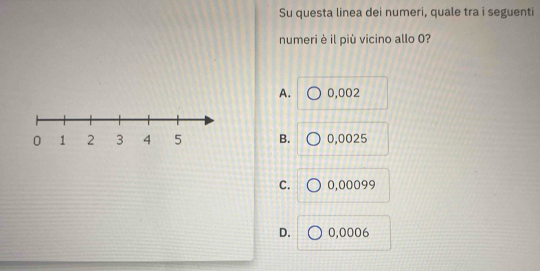 Su questa linea dei numeri, quale tra i seguenti
numeri è il più vicino allo 0?
A. 0,002
B. 0,0025
C. 0,00099
D. 00,0006