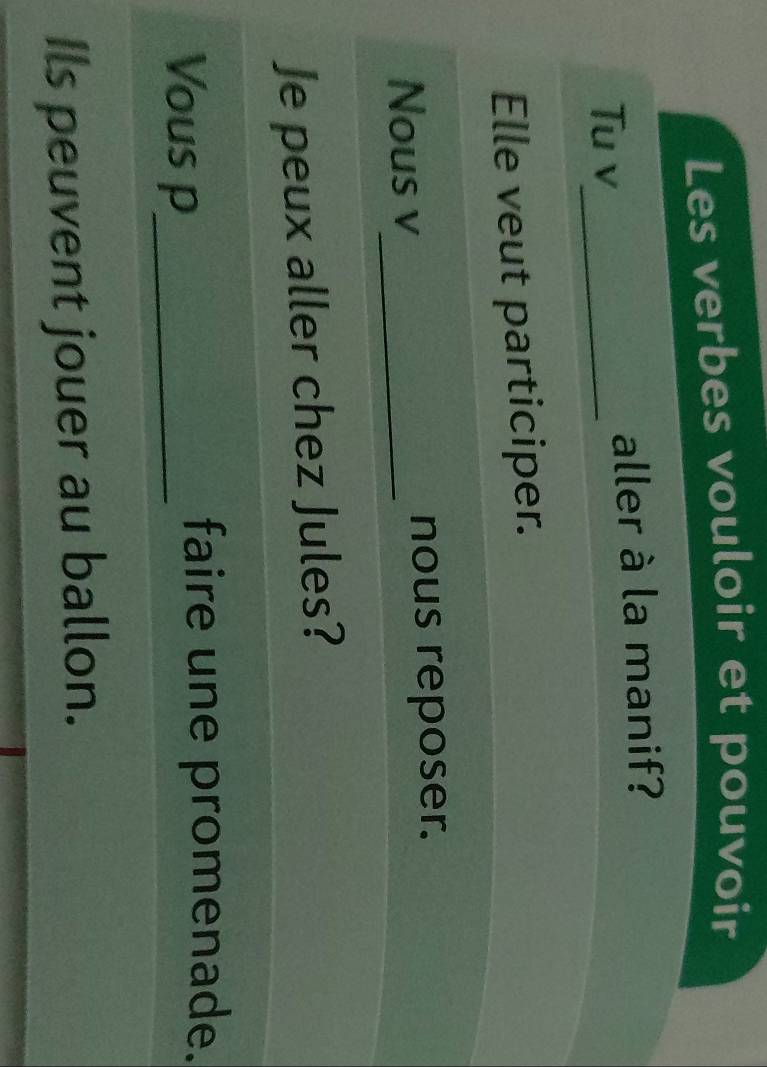 Les verbes vouloir et pouvoir 
Tu v_ aller à la manif? 
Elle veut participer. 
Nous v_ nous reposer. 
Je peux aller chez Jules? 
Vous p_ 
faire une promenade. 
Ils peuvent jouer au ballon.