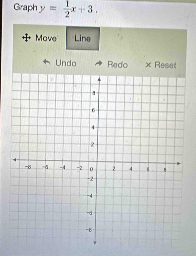 Graph y= 1/2 x+3. 
Move Line 
Undo Redo × Reset