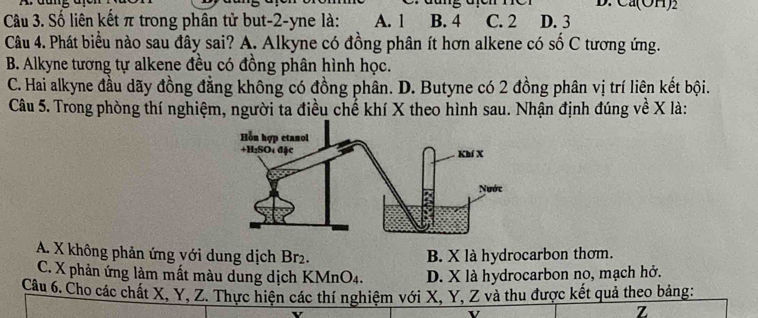 Ca(OH) 2
Câu 3. Số liên kết π trong phân tử but -2 -yne là: A. 1 B. 4 C. 2 D. 3
Câu 4. Phát biểu nào sau đây sai? A. Alkyne có đồng phân ít hơn alkene có số C tương ứng.
B. Alkyne tương tự alkene đều có đồng phân hình học.
C. Hai alkyne đầu dãy đồng đằng không có đồng phân. D. Butyne có 2 đồng phân vị trí liên kết bội.
Câu 5. Trong phòng thí nghiệm, người ta điều chế khí X theo hình sau. Nhận định đúng về X là:
A. X không phản ứng với dung dịch Br2. B. X là hydrocarbon thơm.
C. X phản ứng làm mất màu dung dịch KMnO4. D. X là hydrocarbon no, mạch hở.
Câu 6. Cho các chất X, Y, Z. Thực hiện các thí nghiệm với X, Y, Z và thu được kết quả theo bảng:
v
z